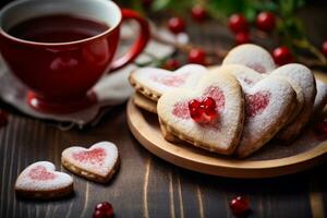 AI generated Homemade heart shaped cookies and a cup of tea or coffee on the table. Valentine's day celebration. AI generated. photo