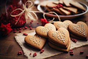 ai generado hecho en casa corazón conformado galletas en el mesa, cerca arriba vista. San Valentín día celebracion. ai generado. foto