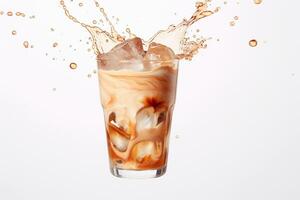 AI generated Iced coffee splashing isolated on white background, copy space. AI generated. photo