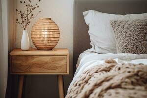 AI generated Lamp and flowers on the nightstand in the bedroom. Home interior in Scandinavian style. AI generated. photo