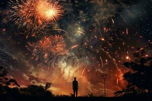 ai generado figura de un solitario hombre acecho vistoso fuegos artificiales en el noche cielo. ai generado. foto