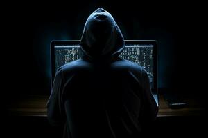 ai generado hombre en un capucha sentado con su espalda en frente de monitor en oscuro antecedentes. hackear y ciber seguridad. ai generado. foto