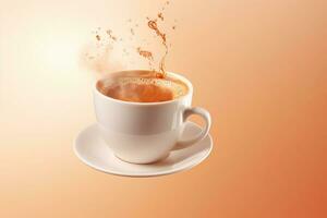 Cup of hot coffee with splashes flying in the air on light brown background, copy space. AI generated. photo