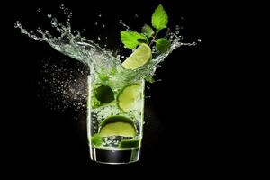 AI generated Mojito cocktail with splashes, mint leaves and lime slices flying in the air, black background, copy space. AI generated photo