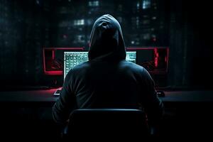 Man in a hood sitting with his back in front of monitor on dark background. Cyber security and hacking. AI generated. photo