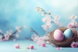 AI generated Colorful Easter eggs in the nest and blooming pink flowers on light blue background, copy space. AI generated. photo