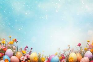 AI generated Colorful Easter eggs and flowers on light blue background, copy space. AI generated. photo