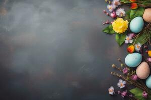 ai generado vistoso Pascua de Resurrección huevos y flores en gris fondo, Copiar espacio. ai generado. foto