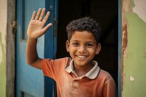 Smiling curly dark-skinned boy waving his hand in the street. AI generated. photo