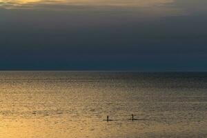 surfistas en el calma mar durante el puesta de sol foto