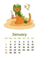 January 2024. Calendar with a cute cat in a dragon costume with a glass of coffee to go. Cartoon vector illustration.