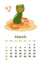 March 2024. Calendar sheet with a cute cat in a dragon costume with a pot of coins. Cartoon vector illustration.