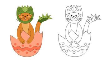 A cute cat character in a dragon costume sits in an Easter egg shell. Color, black and white vector illustration.