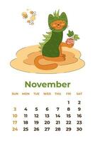 November 2024. Calendar sheet with a cute cat in a dragon costume with a bunch of rowan. Cartoon vector illustration.