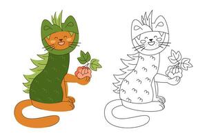 Cute cat character in a dragon costume with a bunch of rowan berries. Color, black and white vector illustration.