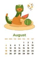 August 2024. Calendar sheet with a cute cat in a dragon costume with watermelon. Cartoon vector illustration.