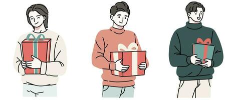 Happy people with Christmas gifts. Set of merry man holding and carrying wrapped New Year present boxes. Giftboxes for winter holidays. Flat vector illustration isolated on white background