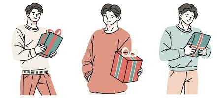 Happy people with Christmas gifts. Set of merry man holding and carrying wrapped New Year present boxes. Giftboxes for winter holidays. Flat vector illustration isolated on white background