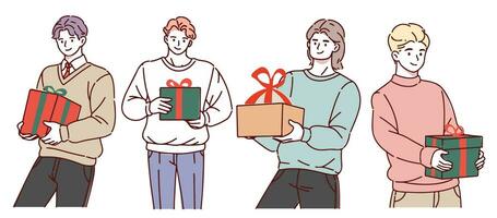 Happy people with Christmas gifts. Set of merry man holding and carrying wrapped New Year present boxes. Giftboxes for winter holidays. Flat vector illustration isolated on white background