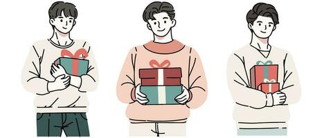 Happy people with Christmas gifts. Set of merry man holding and carrying wrapped New Year present boxes. Giftboxes for winter holidays. Flat vector illustration isolated on white background