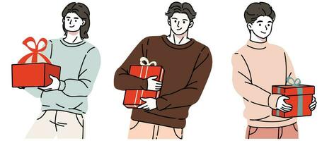 contento personas con Navidad regalos. conjunto de alegre hombre participación y que lleva envuelto nuevo año presente cajas cajas de regalo para invierno vacaciones. plano vector ilustración aislado en blanco antecedentes