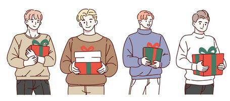 contento personas con Navidad regalos. conjunto de alegre hombre participación y que lleva envuelto nuevo año presente cajas cajas de regalo para invierno vacaciones. plano vector ilustración aislado en blanco antecedentes