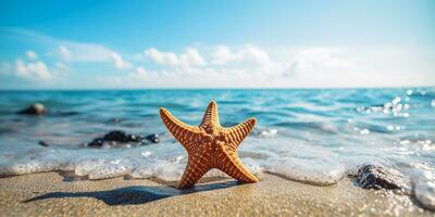AI generated travel, summer vacation. starfish on the sandy beach. Holidays in the Maldives photo