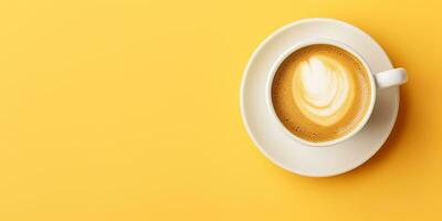 AI generated flat lay, cup of coffee on a yellow background. cappuccino, top view photo
