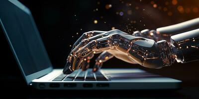 AI generated technological progress, artificial intelligence. robot hands working at the computer photo