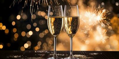 AI generated glasses of champagne against the backdrop of festive fireworks and gold sparkles. festive background for Christmas, New Year. AI generated photo