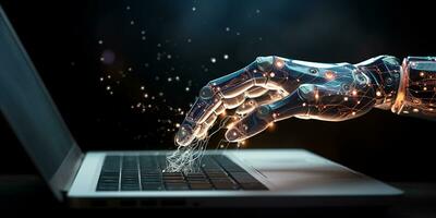 AI generated technological progress, artificial intelligence. robot hands working at the computer photo