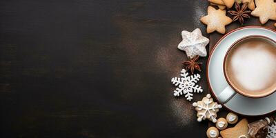 AI generated flat lay, Christmas composition with gingerbread cookies and hot chocolate on a dark background with space for text. winter, new year, holidays photo