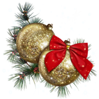 brillante dorado Navidad pelotas decoraciones con un rojo arco en el abeto ramas png