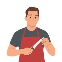 Man Sharping a Big Knife Used in the Kitchen. vector