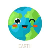 Vector planet earth in the style of kawaii. A sweet face of the planet with a joyful emotion. Planet Day, save nature.