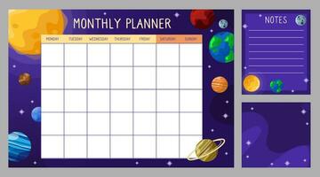 Vector planner template for a month with boards and a solar system. Planner with galaxy and outer space background.