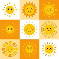 Vector modern cute geometric seamless pattern with suns. Funny sunshine illustration. Smiling suns in square shapes.