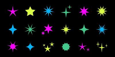 Vector retro set of acid futuristic sparkle icons on black background. Collection of colorful star shapes. Y2k abstract stars. Abstract cool shine 90s signs.
