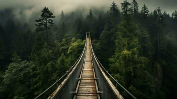 ai generado generativo ai, copa del árbol embarque puente en brumoso abeto bosque hermosa paisaje en hipster Clásico retro estilo, brumoso montañas y arboles foto