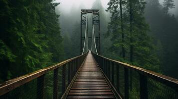 ai generado generativo ai, copa del árbol embarque puente en brumoso abeto bosque hermosa paisaje en hipster Clásico retro estilo, brumoso montañas y arboles foto