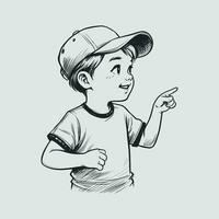 a cute, happy boy drawn from the profile. Looking to the side up reaching forward. The hand points to the right.cute ink sketch style illustration in color. full body. hands up right. vector