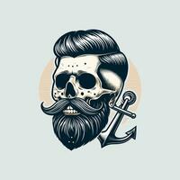 Bearded and mustached skull with stylish hairstyle and anchor tattoo on temple isolated vector illustration