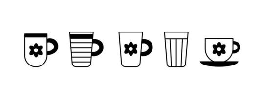 Cup and Mug outline icons set vector