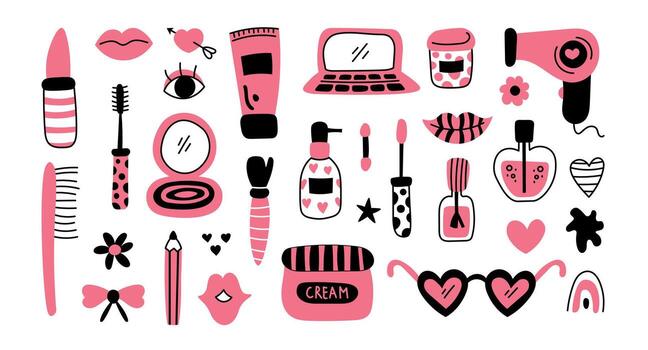 Makeup doodle design elements set vector