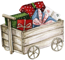 Wooden cart with present boxes. png