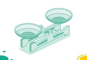 equilibrar escala con doble sartenes isométrica laboratorio mecánico escamas. escamas con bochas. 3d objeto aislado en blanco. vector