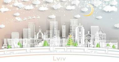 Lviv Ukraine. Winter city skyline in paper cut style with snowflakes, moon and neon garland. Christmas and new year concept. Santa Claus on sleigh. Lviv cityscape with landmarks. vector