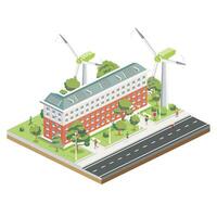 Isometric Residential Five Storey Building with Solar Panels with Wind Turbines. Green Eco Friendly House. Infographic Element. City Architecture Isolated on White Background. vector