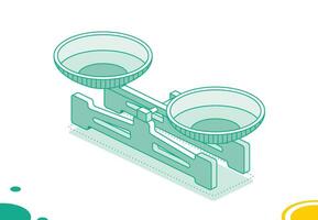 equilibrar escala con doble sartenes isométrica laboratorio mecánico escamas. escamas con bochas. 3d objeto aislado en blanco. vector