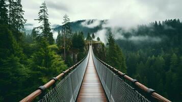 ai generado generativo ai, copa del árbol embarque puente en brumoso abeto bosque hermosa paisaje en hipster Clásico retro estilo, brumoso montañas y arboles foto